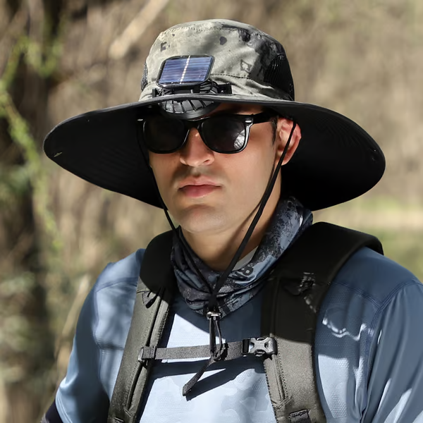 Sombrero de pesca al aire libre con ventilador solar de ala ancha