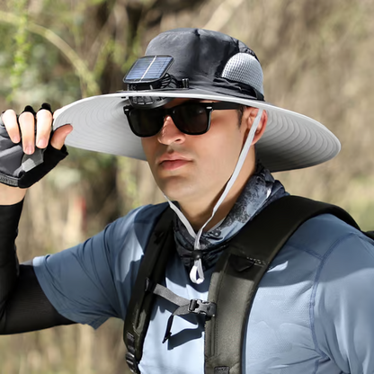 Sombrero de pesca al aire libre con ventilador solar de ala ancha
