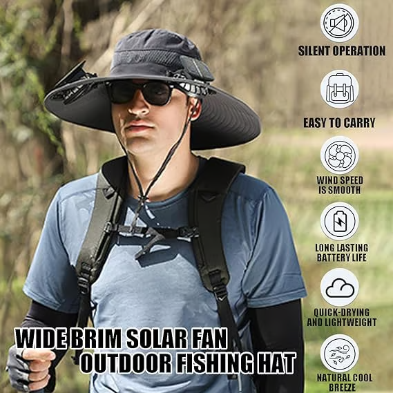 Sombrero de pesca al aire libre con ventilador solar de ala ancha