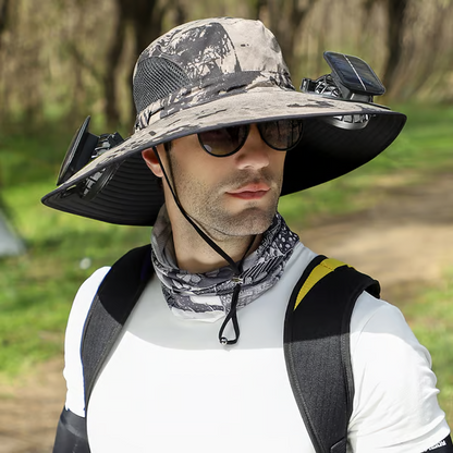 Sombrero de pesca al aire libre con ventilador solar de ala ancha