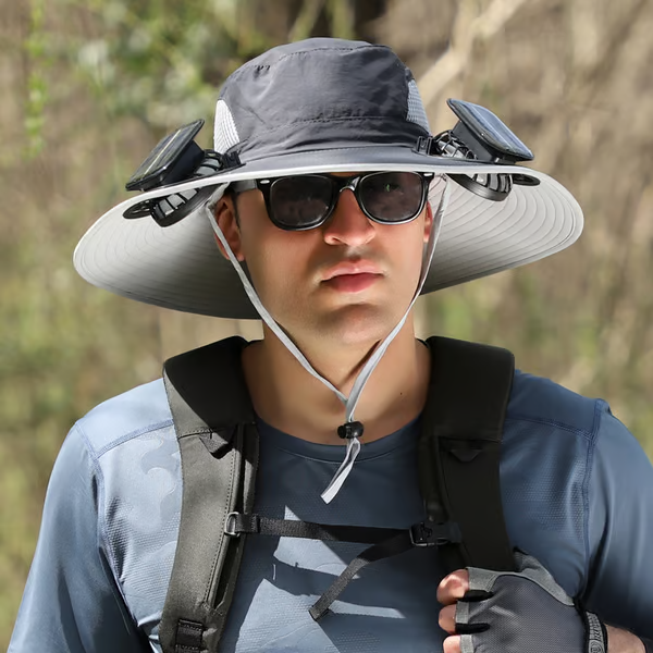 Sombrero de pesca al aire libre con ventilador solar de ala ancha