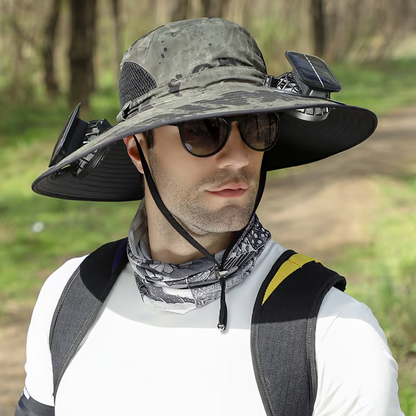 Sombrero de pesca al aire libre con ventilador solar de ala ancha