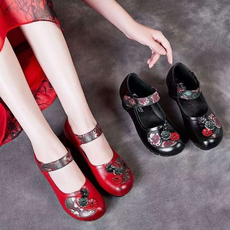 Zapatos casuales de cuero retro con tacón grueso